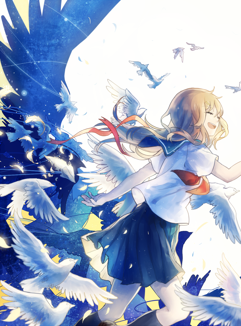 1girl backlighting bad_id bad_pixiv_id bird brown_hair closed_eyes commentary domik dove feathers female_focus light_particles long_hair open_mouth original running school_uniform serafuku smile solo
