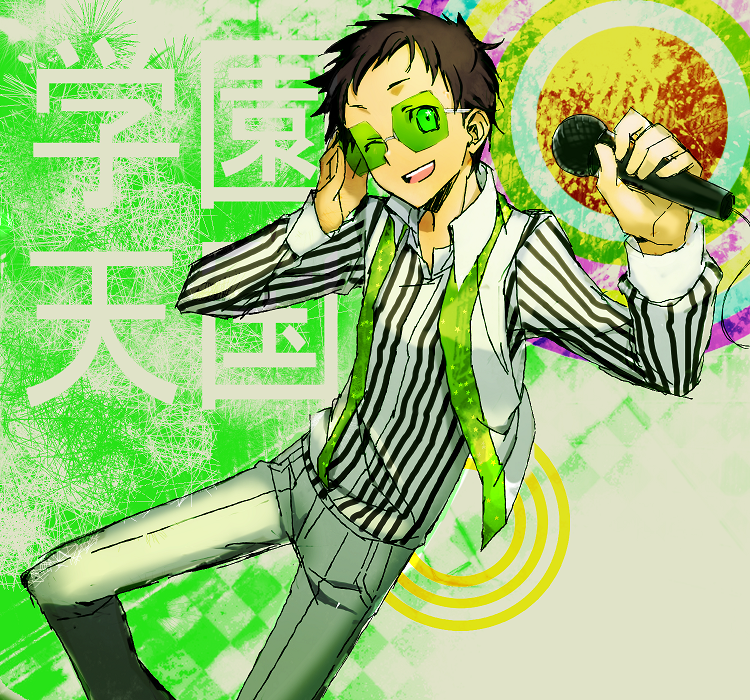 1boy abstract c_(rahit) durarara!! glasses green-tinted_eyewear green_theme grin male_focus microphone one_eye_closed rahit ryuugamine_mikado smile solo striped tinted_eyewear translation_request vest wink