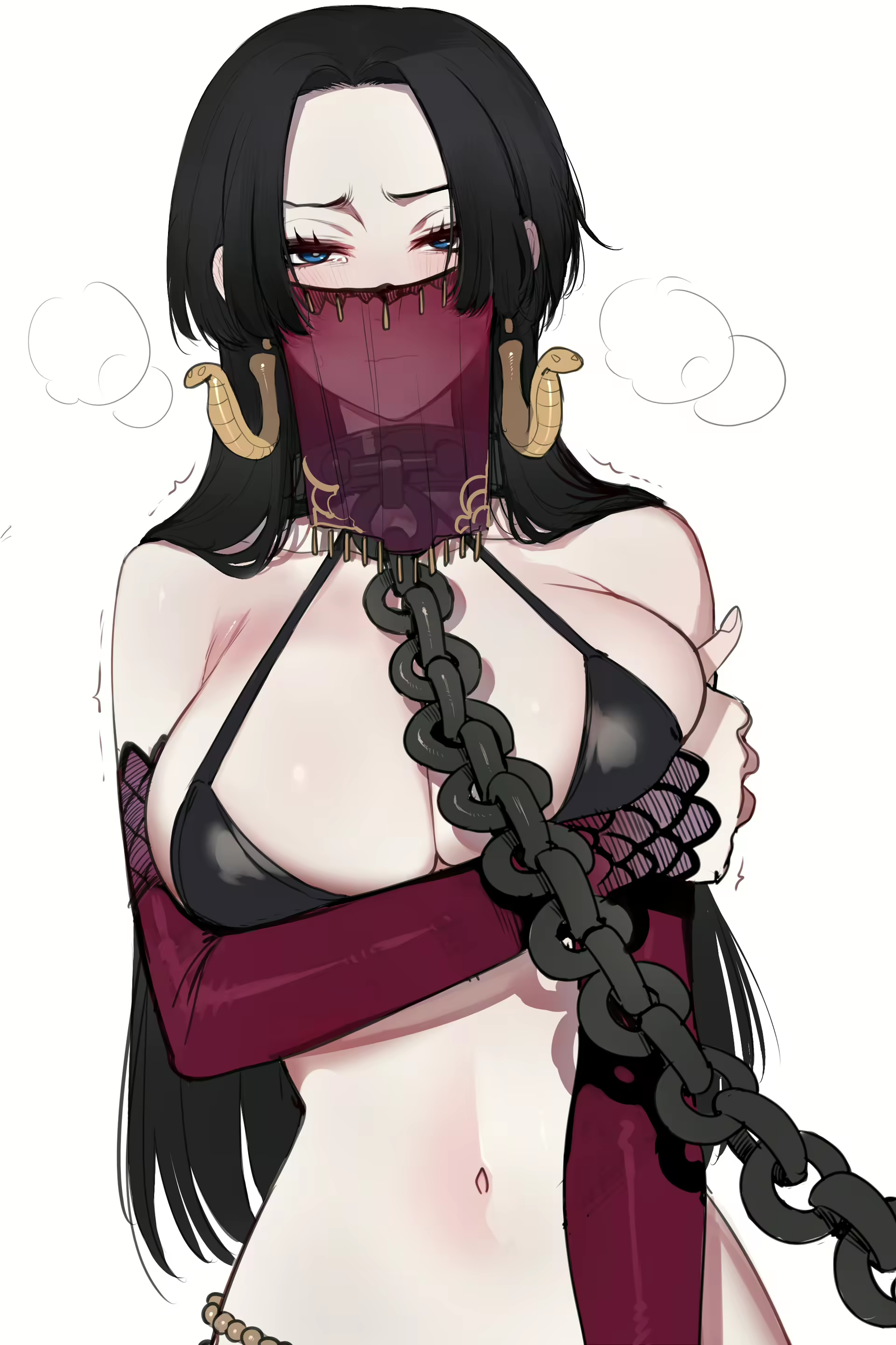 1girl absurdres bdsm black_bra black_hair blue_eyes blush boa_hancock bra breasts chain chain_leash cleavage collar highres large_breasts leash navel one_piece ratatatat74 slave tearing_up underwear veil