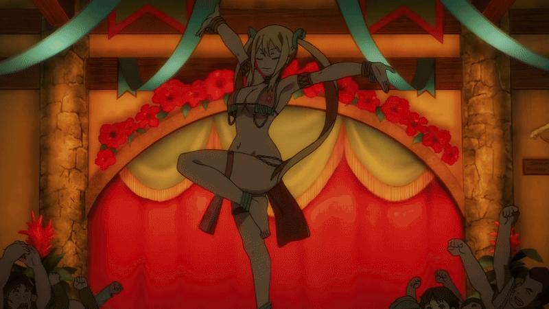 1girl 6+boys alternate_costume alternate_hairstyle animated animated_gif anime_screenshot anklet armlet ass barefoot belly_dancer belly_dancer_outfit blonde_hair bra bracelet breasts butt_crack closed_eyes curvy dancer dancing fairy_tail fairy_tail:_dragon_cry feet floral_print harem_outfit jewelry large_breasts leg_up loincloth long_hair long_twintails looking_at_viewer lots_of_jewelry lucy_heartfilia lucy_heartfilia_(bar_altair_dancer)_(fairy_tail) multiple_boys necklace official_alternate_costume official_alternate_hairstyle print_bra sidelocks smile standing standing_on_one_leg thick_thighs thighlet thighs twintails underwear wide_hips