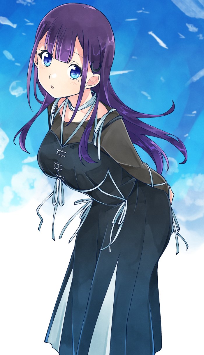 1girl 22/7 arms_behind_back ato_de_wakaru_koto black_dress blue_eyes blue_sky center-flap_bangs dress falling_feathers feathers hair_ornament highres ichinose_hotaru leaning_forward long_dress long_hair long_sleeves looking_at_viewer mole mole_under_eye on_cloud parted_lips purple_hair ribbon see-through_clothes see-through_sleeves sky solo standing trefle_r white_feathers white_ribbon