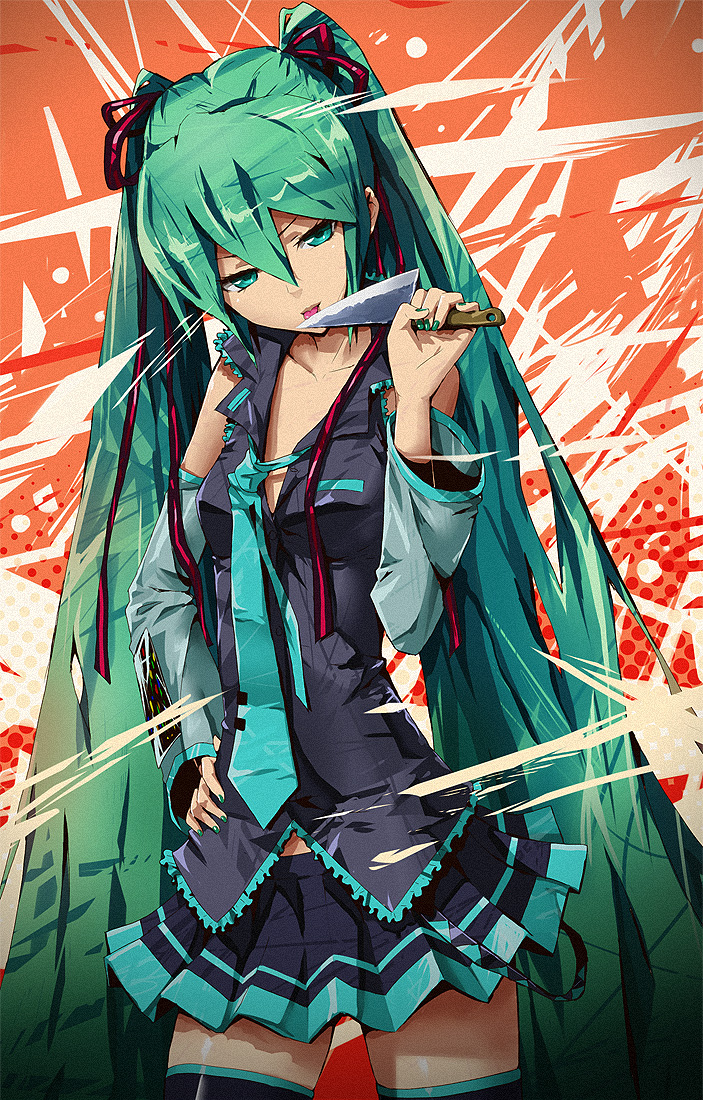 1girl aqua_eyes aqua_hair aqua_nails aqua_necktie black_skirt commentary detached_sleeves english_commentary hand_on_own_hip hatsune_miku knife licking licking_blade licking_weapon long_hair necktie pleated_skirt skirt solo twintails very_long_hair vocaloid weapon yara_kami_meiosei