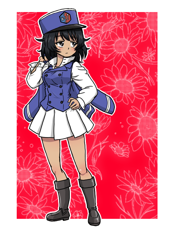 1girl andou_(girls_und_panzer) bc_freedom_(emblem) bc_freedom_military_uniform black_boots black_eyes black_hair blue_hat blue_jacket blue_vest blush boots closed_mouth collared_shirt dark-skinned_female dark_skin emblem floral_background girls_und_panzer hat holding holding_jacket holding_unworn_clothes holding_unworn_jacket jacket kepi knee_boots long_sleeves military_hat miniskirt outline pleated_skirt red_background shirt short_hair skirt takahashi_kurage unbuttoned_sleeves unworn_jacket vest white_outline white_shirt white_skirt
