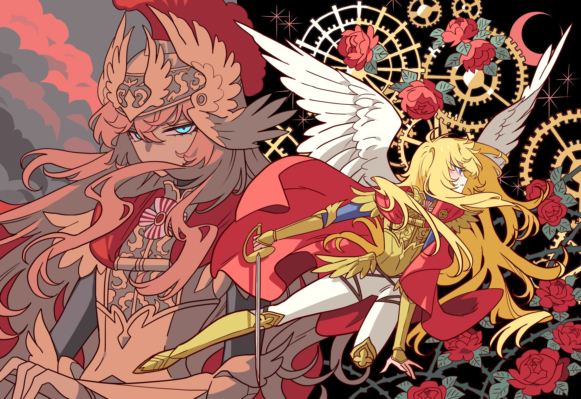 1girl alternate_costume blonde_hair blue_eyes cape closed_mouth feathered_wings floating_hair flower hair_between_eyes hair_over_mouth highres holding holding_sword holding_weapon long_hair meremero oscar_francois_de_jarjayes pants profile rapier red_cape red_flower solo sword versailles_no_bara very_long_hair weapon white_pants white_wings wings