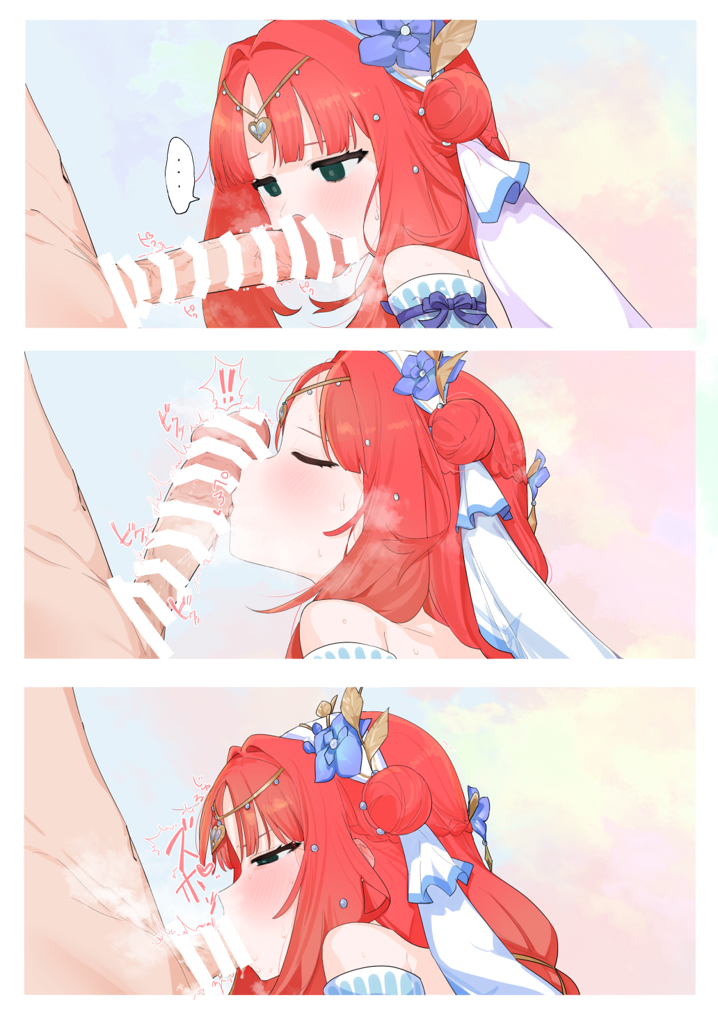 ... 1boy 1girl aqua_eyes bar_censor blue_flower braid breath censored circlet closed_eyes commentary empty_eyes erection fellatio flower from_side furrowed_brow genshin_impact hair_bun hair_flower hair_intakes hair_ornament half-closed_eyes half_up_braid hetero highres long_hair looking_at_penis looking_down multiple_views nilou_(breeze_of_sabaa)_(genshin_impact) nilou_(genshin_impact) oral parted_bangs penis portrait profile red_hair shikosour solo_focus sound_effects spoken_ellipsis sweat twitching_penis veil white_headdress white_veil