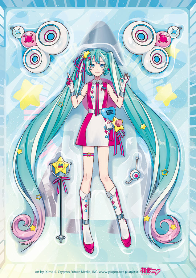 1girl absurdly_long_hair aqua_eyes aqua_hair artist_name belt blue_bow blue_necktie blue_ribbon boots bow character_name closed_mouth collared_dress company_name copyright_name copyright_notice dress full_body gloves gradient_hair hair_ornament hatsune_miku headset headset_removed heart index_finger_raised ixima knee_boots legs_apart long_hair looking_at_viewer magical_mirai_(vocaloid) magical_mirai_miku magical_mirai_miku_(2022) microphone microphone_wand multicolored_hair necktie official_art ok_sign pink_boots pink_bow pink_dress pink_gloves pink_hair pink_necktie pink_ribbon radio_antenna ribbon rocket_ship second-party_source sleeveless sleeveless_dress smile solo spacecraft standing star_(symbol) star_hair_ornament sticker streaked_hair thigh_strap twintails two-tone_bow two-tone_gloves two-tone_necktie two-tone_ribbon very_long_hair vocaloid wand white_boots white_dress white_gloves white_hair