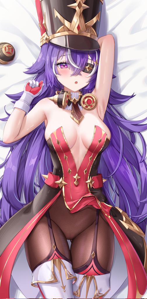 1girl arm_up armpits bed_sheet black_pantyhose breasts chevreuse_(genshin_impact) cowboy_shot dakimakura_(medium) dokimaru dress earmuffs earmuffs_around_neck eyepatch genshin_impact gloves gold_trim hat long_hair looking_at_viewer lying medium_breasts multicolored_hair on_back open_mouth pantyhose pointy_hair purple_eyes purple_hair shako_cap solo strapless strapless_dress streaked_hair thigh_gap thighhighs two-tone_dress white_gloves white_thighhighs