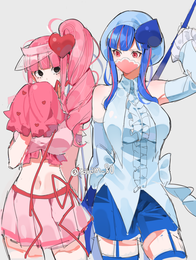 2girls amulet_heart amulet_spade bad_id bad_twitter_id bare_shoulders black_eyes blue_hair blue_shirt blue_shorts blunt_bangs commentary commentary_request detached_sleeves drill_hair eyelashes frilled_shirt frills grey_background hat heart holding holding_pom_poms joman korean_commentary long_hair looking_at_another mask miniskirt multicolored_hair multiple_girls one_piece perona pink_eyes pink_hair pink_skirt pink_top pom_pom_(cheerleading) pom_poms red_ribbon ribbon shirt shorts shugo_chara! side_drill side_ponytail sidelocks simple_background skirt spade_(shape) stomach thighhighs two-tone_hair ulti_(one_piece) visor_cap