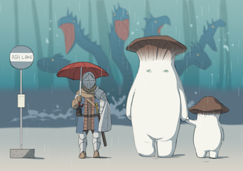 bus_stop chosen_undead dark_souls_(series) dark_souls_i gb_(doubleleaf) holding holding_umbrella hydra knight_of_astora_oscar mushroom_child mushroom_parent mushroom_people outdoors rain tonari_no_totoro umbrella