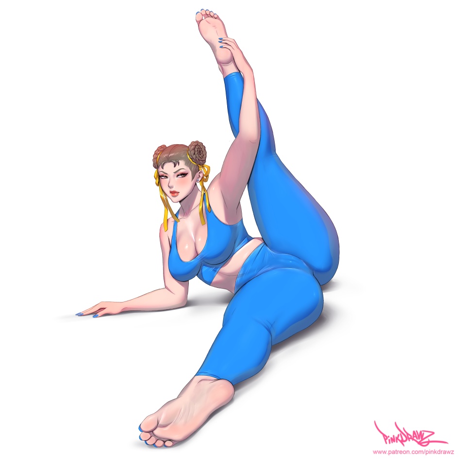 1girl barefoot breasts brown_eyes brown_hair cameltoe capcom chun-li cleft_of_venus double_bun feet hair_bun leggings midriff pinkdrawz pussy soles solo street_fighter thick_thighs thighs