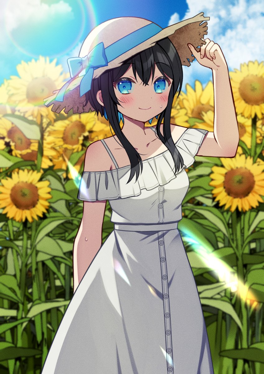 1girl arm_up bare_shoulders black_hair blue_bow blue_eyes blue_sky blush bow closed_mouth cloud collarbone commentary_request day dress flower frilled_dress frills hair_between_eyes hand_on_headwear hat hat_bow highres indie_virtual_youtuber kurata_rine kurata_rine_(vtuber) long_hair looking_at_viewer off-shoulder_dress off_shoulder outdoors sky smile solo standing straw_hat sunflower sweat virtual_youtuber white_dress yellow_flower