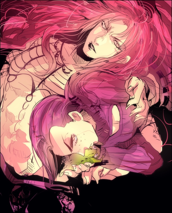 2boys bakanoise diavolo freckles frog jojo_no_kimyou_na_bouken long_hair multiple_boys pink_hair purple_hair sadahara_inako vinegar_doppio