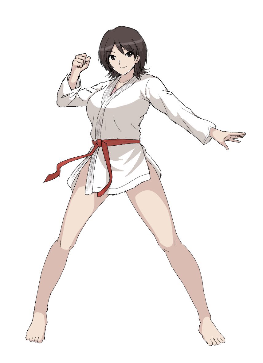 1girl amagami bare_legs barefoot belt brown_eyes brown_hair clenched_hand closed_mouth dougi full_body gyuunyuu_pack_(tanaka) hand_up japanese_clothes kimono martial_arts_belt obi red_sash sash shirt short_kimono simple_background standing takahashi_maya toes white_background white_shirt
