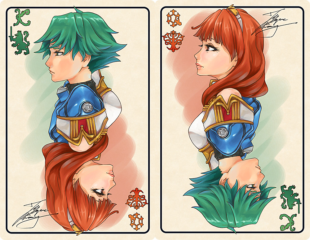 1boy 1girl alm_(fire_emblem) armor blue_armor breastplate card celica_(fire_emblem) choker couple fadingz fire_emblem fire_emblem_echoes:_shadows_of_valentia from_side green_eyes green_hair hetero king long_hair nintendo orange_eyes orange_hair playing_card poker prince princess queen red_eyes red_hair short_hair tiara white_armor