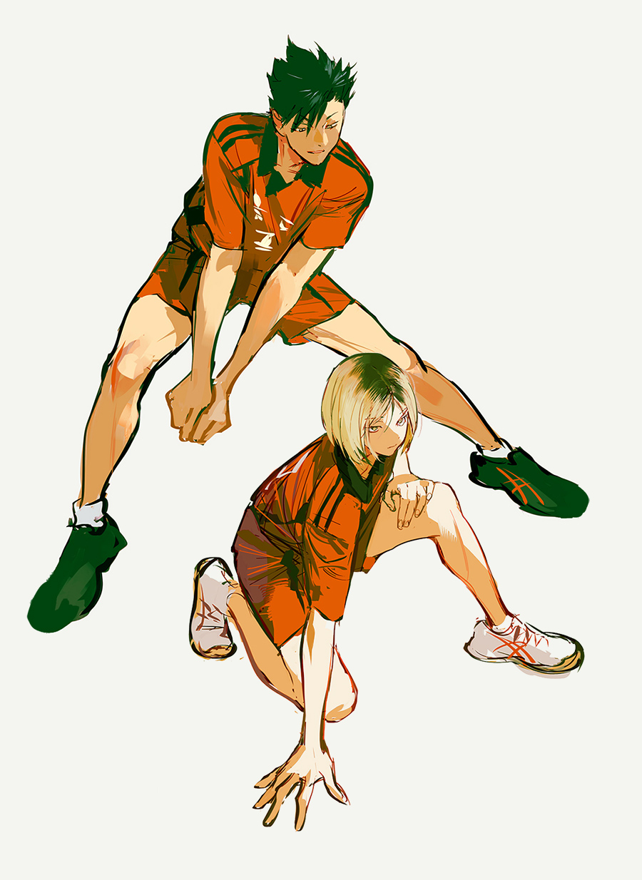 2boys black_hair black_shoes blonde_hair collared_shirt grey_background haikyuu!! highres huangdanlan kneeling kozume_kenma kuroo_tetsurou looking_ahead male_focus multicolored_hair multicolored_shirt multicolored_shorts multiple_boys nekoma_volleyball_uniform parted_lips roots_(hair) shirt shoes short_sleeves shorts sneakers socks sportswear volleyball_uniform white_shoes white_socks wing_collar