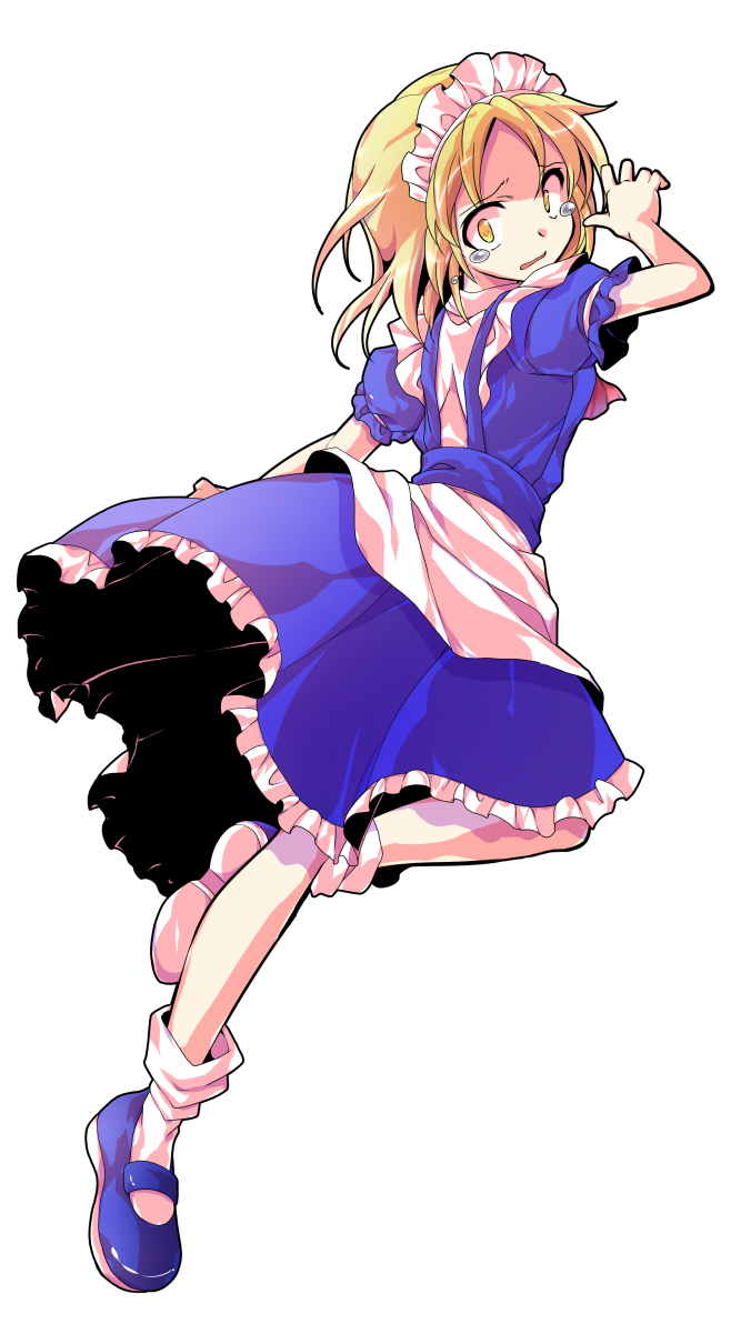 1girl alphes_(style) apron arm_at_side ascot bare_arms blonde_hair blue_shoes bobby_socks closed_mouth commentary_request dairi dress frilled_dress frills full_body highres large_variant_set maid maid_headdress mary_janes mugetsu_(touhou) parody puffy_short_sleeves puffy_sleeves red_ascot shoes short_hair short_sleeves socks solo style_parody tearing_up touhou touhou_(pc-98) transparent_background variant_set waist_apron white_apron white_socks yellow_eyes