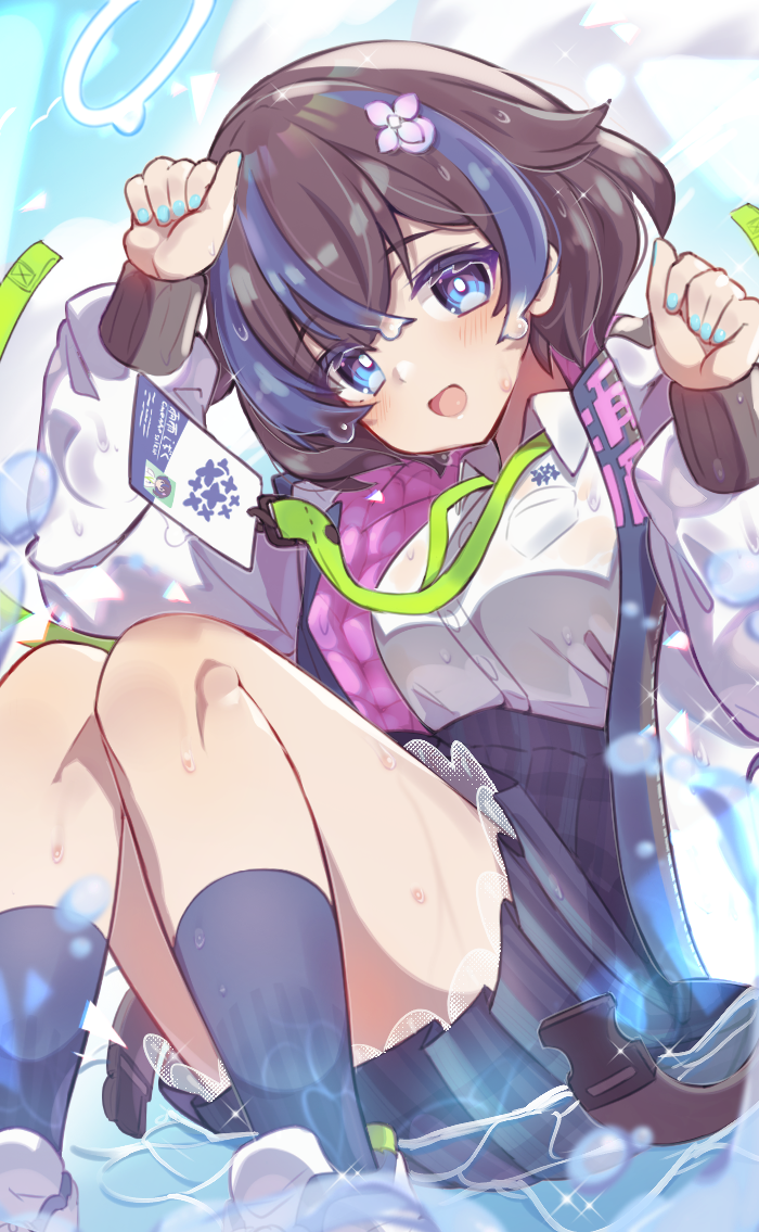 1girl :d arm_up black_hair black_skirt black_socks blue_eyes blue_hair blue_nails blue_skirt blue_socks blush breasts bright_pupils collared_shirt drenched_shizuku-san dress_shirt feet_out_of_frame flower hair_between_eyes hair_flower hair_ornament halo hand_up hands_up high-waist_skirt id_card jacket kneehighs knees_together_feet_apart knees_up lanyard long_sleeves looking_at_viewer medium_breasts mint_hamini multicolored_hair nail_polish necktie open_clothes open_jacket open_mouth pleated_skirt puffy_long_sleeves puffy_sleeves see-through_clothes shirt shoes short_hair sitting skirt sky sleeves_past_wrists small_breasts smile socks solo streaked_hair two-tone_hair vrchat water water_drop wet wet_clothes wet_shirt white_flower white_jacket white_shirt