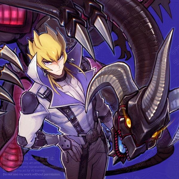 1boy belt blonde_hair bodysuit dragon earrings izapara jack_atlas jewelry male_focus medium_hair purple_background purple_eyes red_dragon_archfiend sharp_teeth simple_background teeth watermark white_bodysuit yellow_eyes yu-gi-oh! yu-gi-oh!_5d&#039;s