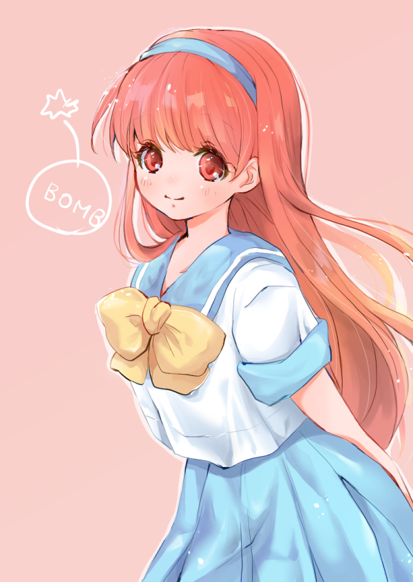 1girl arms_behind_back blue_hairband blue_sailor_collar blue_skirt blush bomb bow explosive fujisaki_shiori hairband kirameki_high_school_uniform long_hair looking_at_viewer pink_background red_eyes red_hair sailor_collar school_uniform serafuku skirt smile solo standing suzumimi tokimeki_memorial tokimeki_memorial_1 yellow_bow