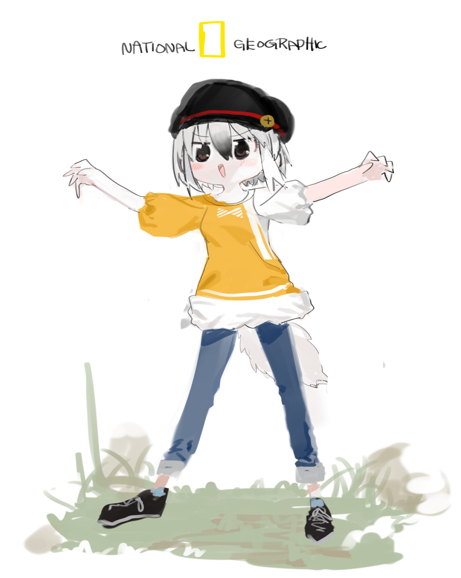 1girl :d alternate_costume arms_up black_hair black_hat black_shoes brown_eyes claw_pose denim female_focus from_side full_body gradient_hair grass grey_hair hair_between_eyes hat jeans jitome kemono_friends kemono_friends_3 kokaki_mumose legs_apart looking_at_viewer multicolored_hair national_geographic no_nose open_mouth outdoors outstretched_arms pants pants_rolled_up puffy_short_sleeves puffy_sleeves rock shirt shoelaces shoes short_hair short_sleeves simple_background smile sneakers socks solo southern_tamandua_(kemono_friends) spread_arms standing tail tamandua_tail v-shaped_eyebrows white_background white_hair