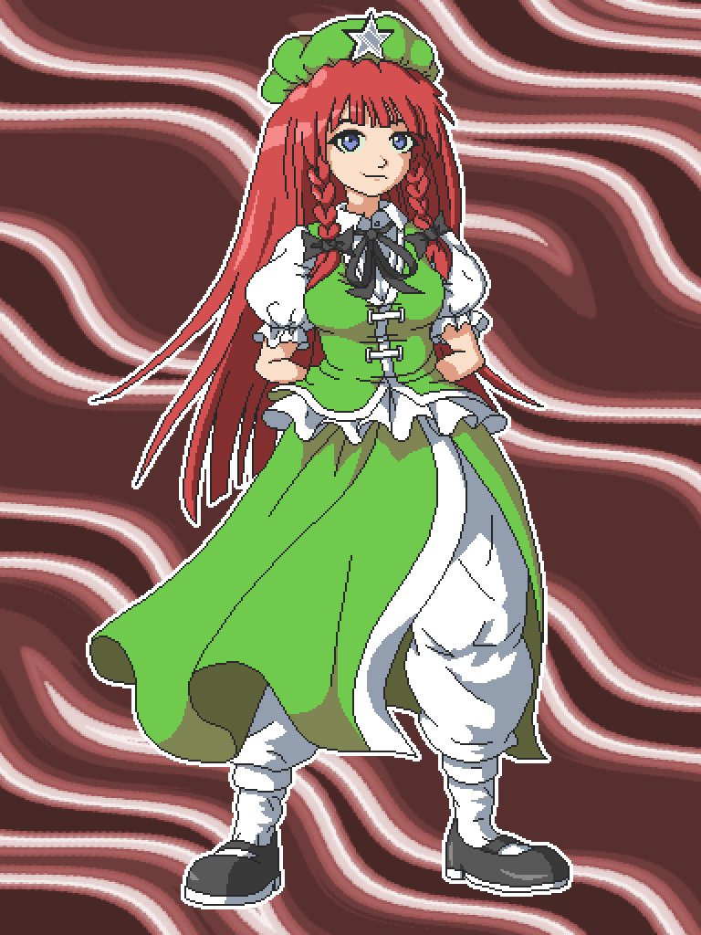 aksawshin black_bow black_ribbon black_shoes bow braid chinese_clothes collared_dress dress embodiment_of_scarlet_devil frilled_sleeves frills green_headwear green_skirt green_vest grey_eyes hair_bow hong_meiling long_hair neck_ribbon pants pixel_art puffy_short_sleeves puffy_sleeves red_hair ribbon shirt shoes short_sleeves side_slit skirt star_(symbol) touhou twin_braids vest white_pants white_shirt