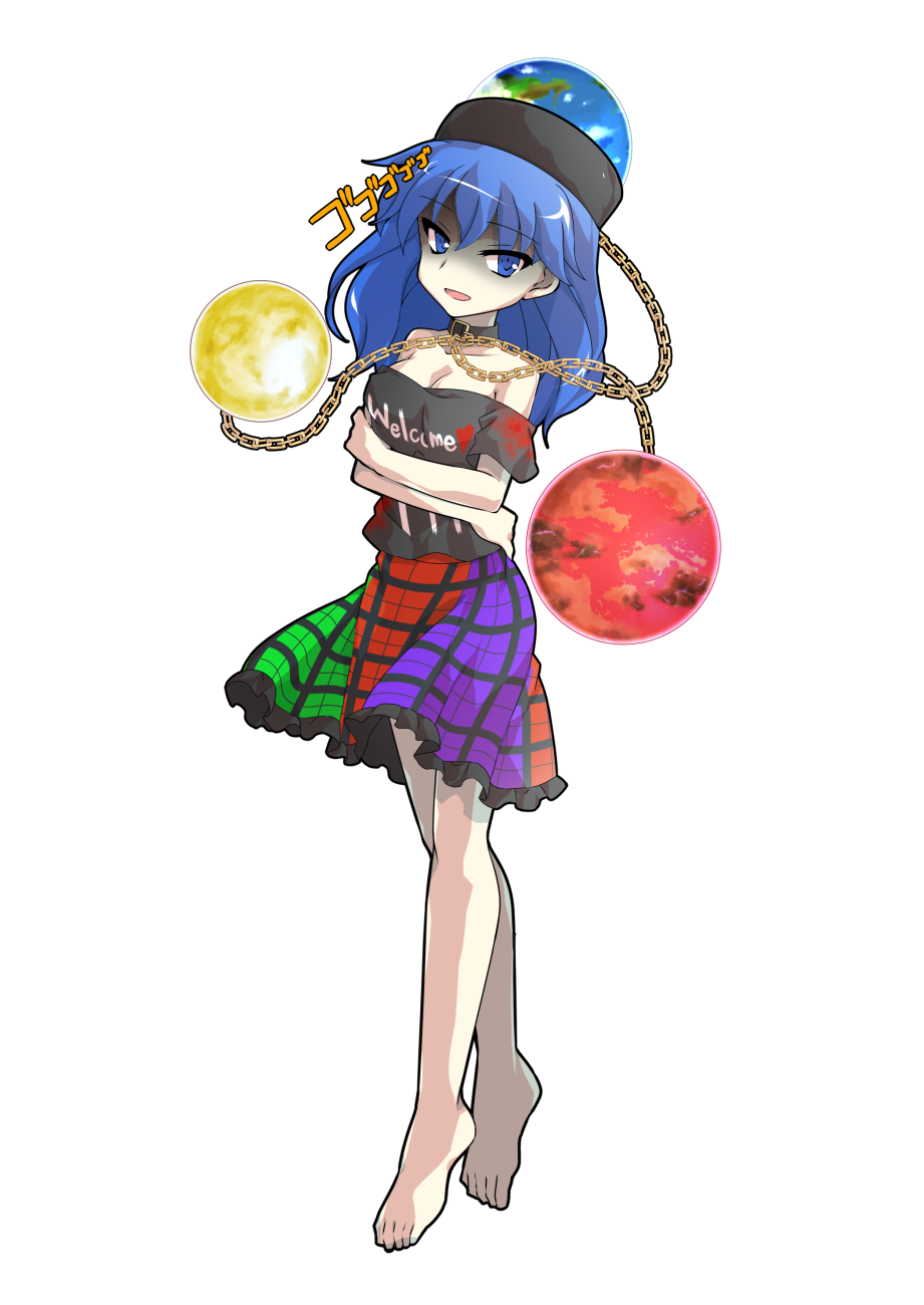 1girl alphes_(style) bare_shoulders barefoot black_choker black_hat black_shirt blue_eyes blue_hair breasts chain choker clothes_writing collarbone commentary_request commission crossed_arms dairi earth_(ornament) frills full_body gold_chain green_skirt hair_between_eyes hat heart heart_print hecatia_lapislazuli hecatia_lapislazuli_(earth) highres looking_at_viewer medium_breasts medium_hair moon_(ornament) multicolored_skirt off-shoulder_shirt off_shoulder open_mouth parody plaid_clothes plaid_skirt purple_skirt red_skirt shaded_face shirt short_sleeves simple_background skeb_commission skirt smile solo standing style_parody t-shirt tachi-e touhou touhou_sangetsusei transparent_background underworld_(ornament)