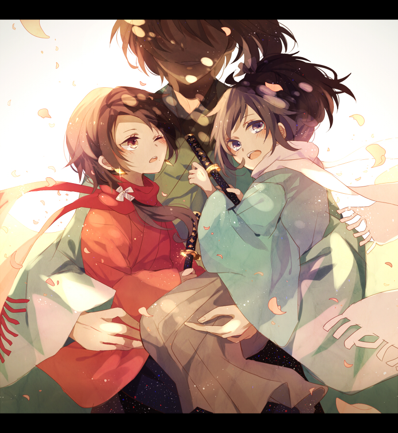 10s 3boys black_hair blue_eyes brown_hair carrying child earrings japanese_clothes jewelry kashuu_kiyomitsu letterboxed male_focus mole mole_under_eye multiple_boys okita_souji one_eye_closed open_mouth petals ponytail real_life_insert red_eyes red_scarf sagatsu_(miicat) satsuki_(miicat) scarf shinsengumi smile sword touken_ranbu weapon white_scarf yamato-no-kami_yasusada aged_down