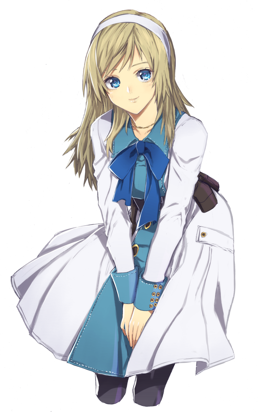 1girl blonde_hair blue_eyes breasts closed_mouth end_of_eternity hairband highres long_hair looking_at_viewer murata_tefu reanbell sega simple_background skirt smile solo tri-ace white_background