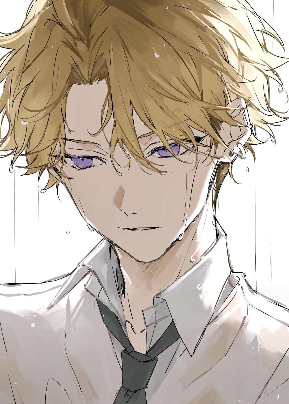 1boy backlighting blonde_hair close-up collared_shirt ear_piercing ensemble_stars! grey_necktie highres looking_down male_focus narukami_arashi necktie nozz177 parted_bangs parted_lips piercing purple_eyes rain shirt short_hair simple_background solo water_drop wavy_hair wet wet_hair white_background white_shirt