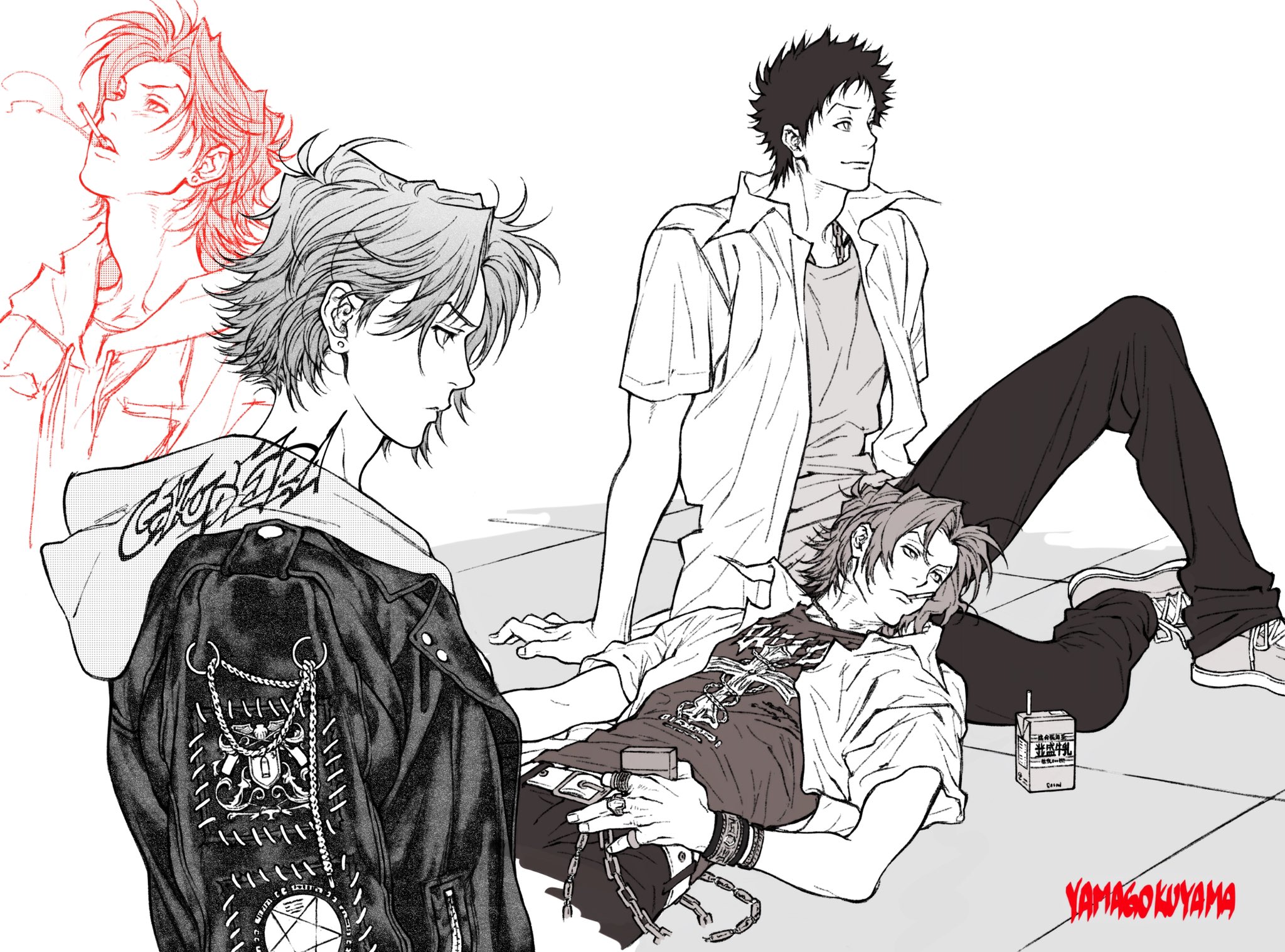 2boys arm_support belt chain_belt character_name cigarette cigarette_pack closed_mouth collared_shirt commentary_request drinking_straw gokudera_hayato hair_behind_ear hand_on_own_stomach highres holding holding_cigarette_pack hood hood_down hoodie jacket jewelry juice_box katekyo_hitman_reborn! knee_up lap_pillow leather leather_jacket looking_ahead lying multiple_boys multiple_views necklace on_back pants parted_bangs patch print_shirt shirt shoelaces shoes short_hair shoulder_patch sitting smile smoke smoke_trail smoking sneakers spot_color t-shirt umkaqryi yamamoto_takeshi
