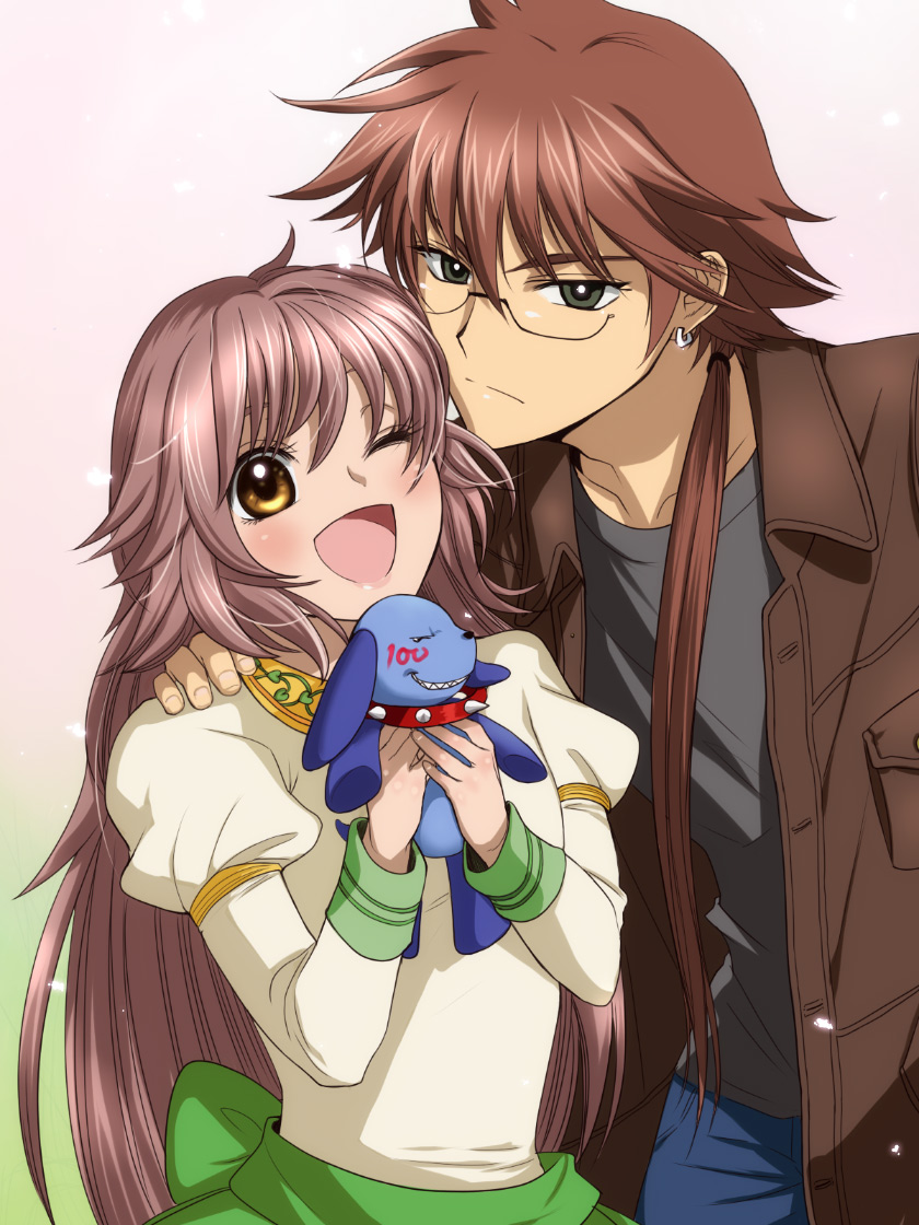 00s 1boy 1girl ;d bad_id bad_pixiv_id brown_eyes brown_hair dog dress fujimoto_kiyokazu hanato_kobato ioryogi kobato. long_hair one_eye_closed open_mouth sanae_(chana) sanae_(digipis.piu) smile stuffed_animal stuffed_toy wink
