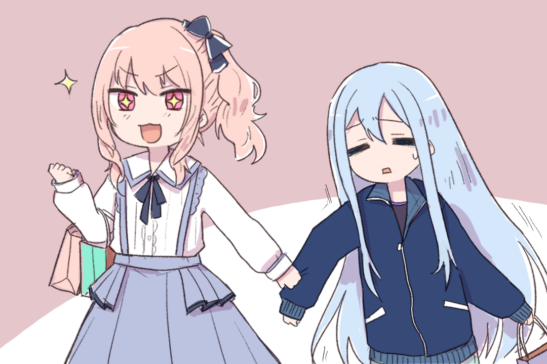 +_+ 132_(bb32768) 1girl 1other akiyama_mizuki bag blue_hair clenched_hand closed_eyes commentary double-parted_bangs elbow_carry hand_up holding holding_bag jacket long_hair long_sleeves open_mouth pink_eyes pink_hair project_sekai shopping_bag side_ponytail star_(symbol) track_jacket upper_body very_long_hair yoisaki_kanade zipper zipper_pull_tab