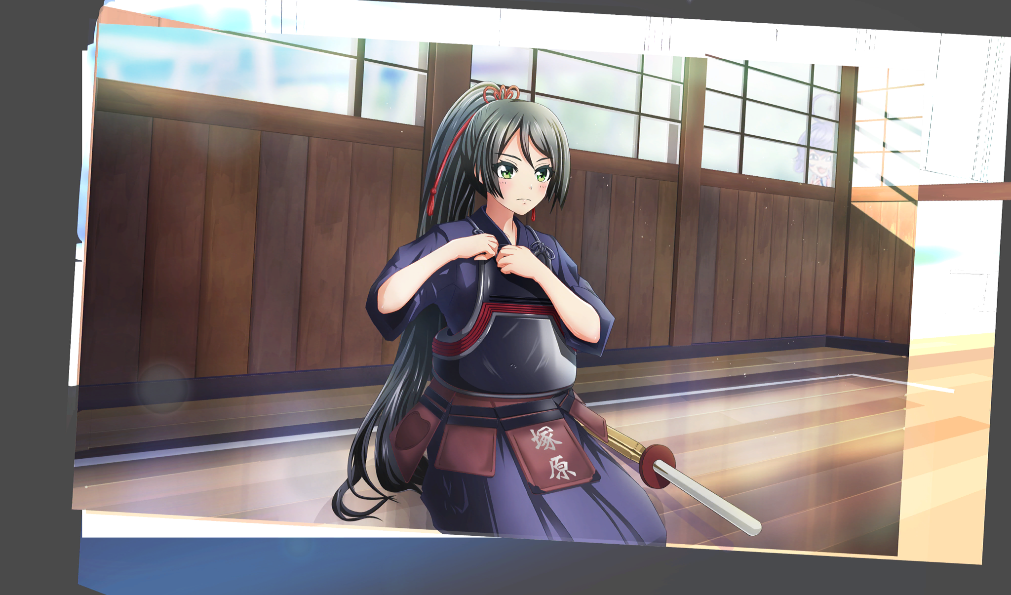 2girls ahoge asada_aoi black_hair blue_hakama bougu cinderella_series closed_mouth dojo film_grain game_cg green_eyes hachigatsu_no_cinderella_nine hair_ribbon hakama hakama_skirt high_ponytail highres indoors japanese_clothes kendo lens_flare light_particles long_hair multiple_girls non-web_source official_art ponytail purple_hair red_ribbon ribbon seiza shinai sitting skirt solo_focus sword tsukahara_shizuku weapon wooden_floor