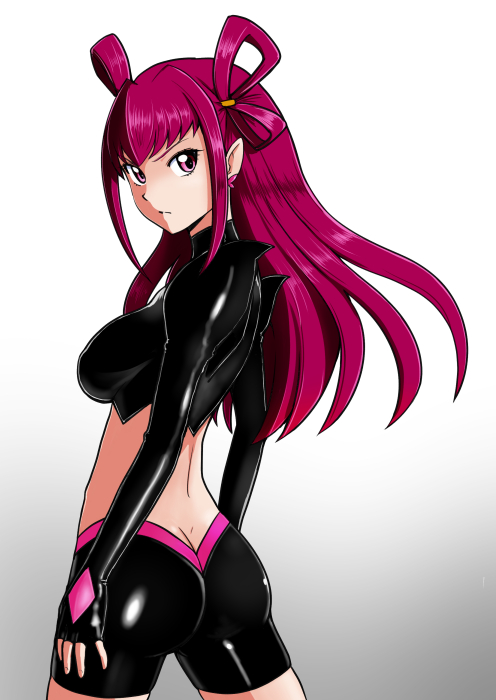 00s 1girl ass back bakusai bike_shorts black_shorts breasts butt_crack closed_mouth crop_top dark_cure_(yes!_precure_5) dark_dream diamond_(shape) earrings eyelashes female_focus fingerless_gloves frown gloves gradient_background hair_ornament hair_rings jewelry large_breasts long_hair long_sleeves looking_back magical_girl midriff pink_eyes pink_hair precure purple_eyes shade shorts sidelocks solo turtleneck yes!_precure_5