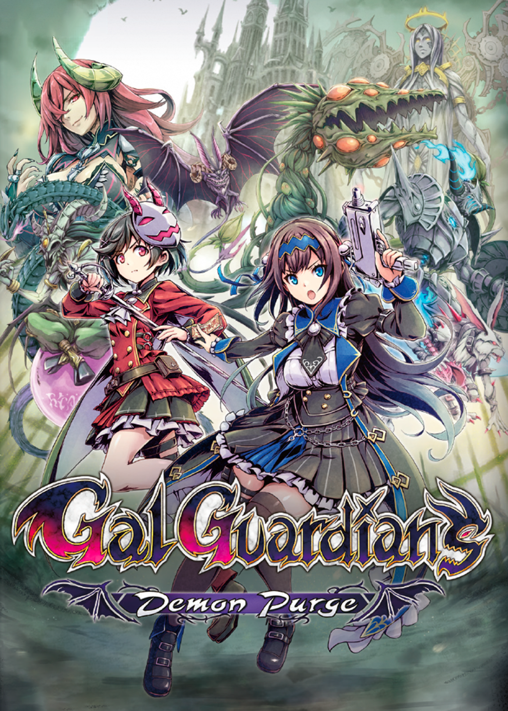 3girls angel armor artist_request bat_(animal) bell black_jacket black_skirt black_thighhighs blue_eyes breasts castle demon demon_girl demon_horns dress fire gal_guardians gal_gun_(series) goat gun hair_bell hair_ornament hair_over_one_eye highres holding holding_gun holding_weapon horns jacket kamizono_maya kamizono_shinobu knight kurona_(adult) kurona_(galgun) large_breasts long_hair long_sleeves looking_at_viewer mask mask_on_head monster multiple_girls official_art open_mouth outdoors plant rabbit red_hair red_skirt sheath shoes siblings sisters skirt statue sword thighhighs unsheathing weapon