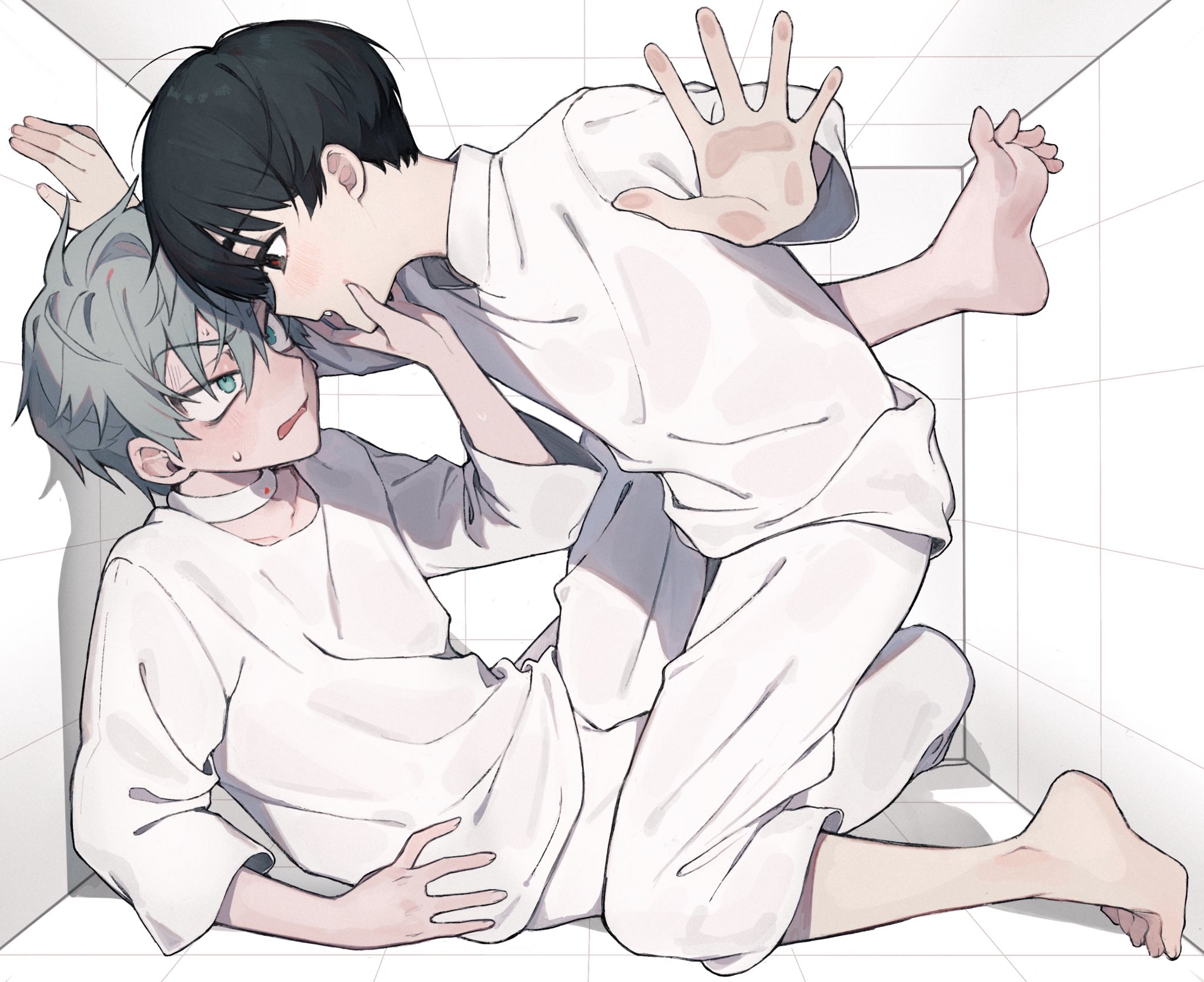 2boys 4tsuba_kuma aged_down alien_stage barefoot black_eyes black_hair choker commentary_request green_eyes grey_hair hand_on_another's_chin hand_on_wall highres ivan_(alien_stage) long_sleeves male_focus multiple_boys open_mouth pants pushing_away red_pupils shirt short_hair smile stuck_in_a_box sweatdrop till_(alien_stage) very_short_hair white_choker white_pants white_shirt