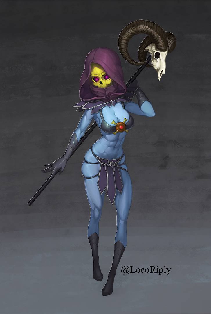 1girl abs animal_skull black_boots black_gloves blue_skin boots breasts cleavage colored_skin dmitriy_samarkin full_body genderswap genderswap_(mtf) gloves hood hood_up horns large_breasts masters_of_the_universe muscular muscular_female navel skeletor skull skull_head solo staff standing twitter_username