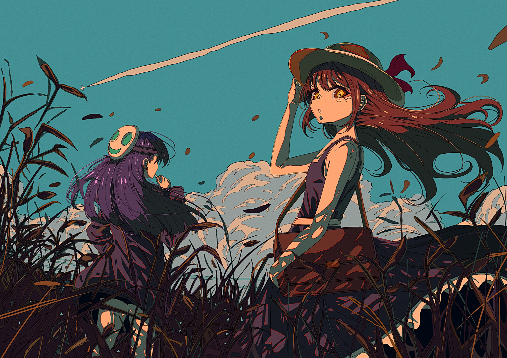 2girls aircraft airplane artdroiiid_ii bag black_shorts blue_sky brown_bag brown_hair brown_hat cigarette cloud commentary contrail day dress english_commentary falling_leaves feet_out_of_frame floating_clothes floating_hair frilled_dress frills from_behind from_side hand_up hat hat_ribbon helmet highres holding holding_cigarette jacket leaf long_hair long_sleeves looking_at_viewer mask mask_on_head multiple_girls original outdoors parted_lips pith_helmet purple_dress purple_hair purple_jacket red_ribbon reeds ribbon scenery shadow short_shorts shorts shoulder_bag sidelocks sky sleeveless sleeveless_dress standing straight_hair sunlight turning_head very_long_hair yellow_eyes