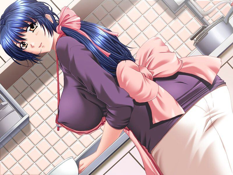 13cm 1girl aiba_nanako anata_to_mita_sakura apron ass blue_hair breasts brown_eyes covered_erect_nipples dutch_angle female_focus game_cg hip_focus housewife huge_breasts impossible_clothes impossible_shirt indoors ishihara_souka jpeg_artifacts kitchen long_hair looking_back mature_female pantylines shimai_tsuma shirt sideboob solo tile_wall tiles