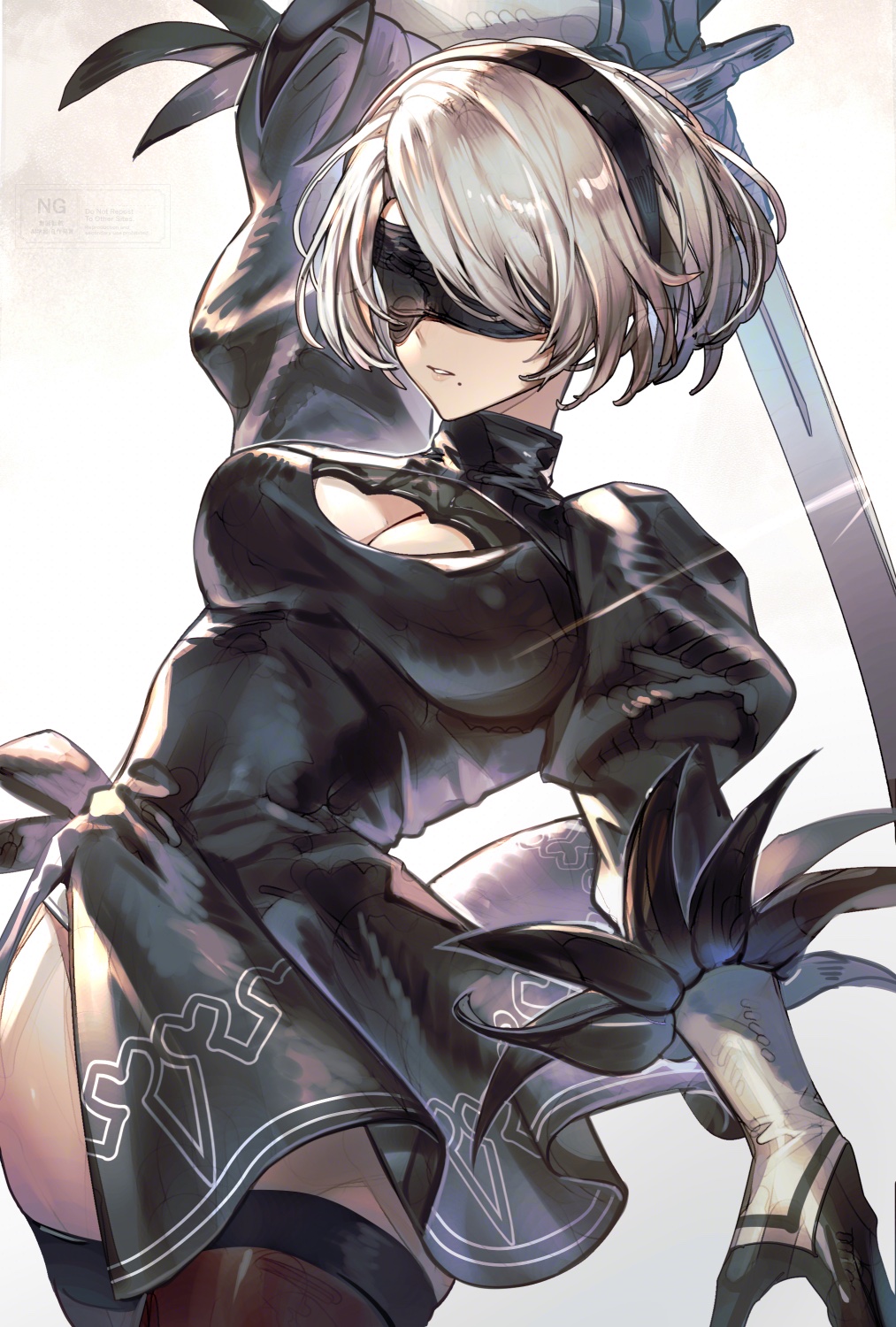 1girl 2b_(nier:automata) arm_behind_head black_dress black_gloves black_hairband black_thighhighs blindfold bob_cut breasts cleavage cleavage_cutout clothing_cutout cowboy_shot dress feather_trim gloves hairband highres holding holding_sword holding_weapon juliet_sleeves long_sleeves medium_breasts mole mole_under_mouth nier:automata nier_(series) parted_bangs parted_lips puffy_sleeves short_hair side_slit simple_background solo sword thighhighs tsugutoku turtleneck turtleneck_dress watermark weapon white_hair