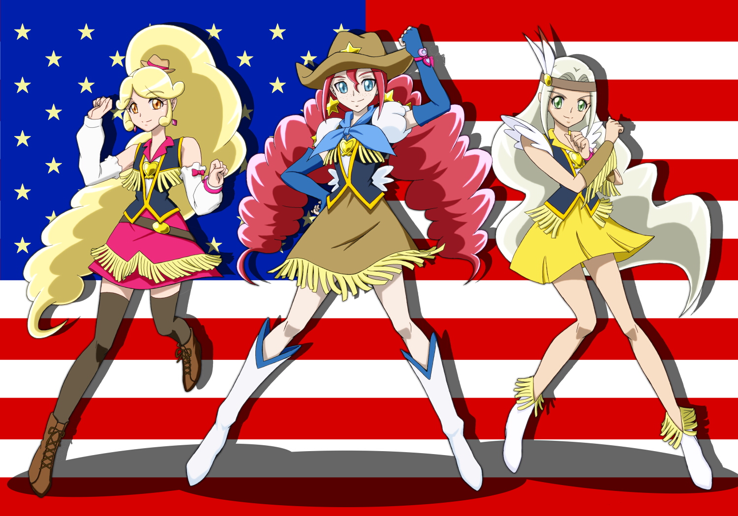 10s 3girls american_flag blonde_hair blonde_haired_cure_(bomber_girls_precure)_(happinesscharge_precure!) blue_eyes boots brooch cowboy_hat cowboy_western detached_sleeves drill_hair earrings eyelashes freckles fringe_trim green_eyes grey_hair grey_haired_cure_(bomber_girls_precure)_(happinesscharge_precure!) happinesscharge_precure! happy hat heart heart_brooch jewelry looking_at_viewer magical_girl moritakusan multiple_girls orange_eyes ponytail precure red_hair red_haired_cure_(bomber_girls_precure)_(happinesscharge_precure!) shirt skirt smile standing thighhighs thighs twintails vest wrist_cuffs