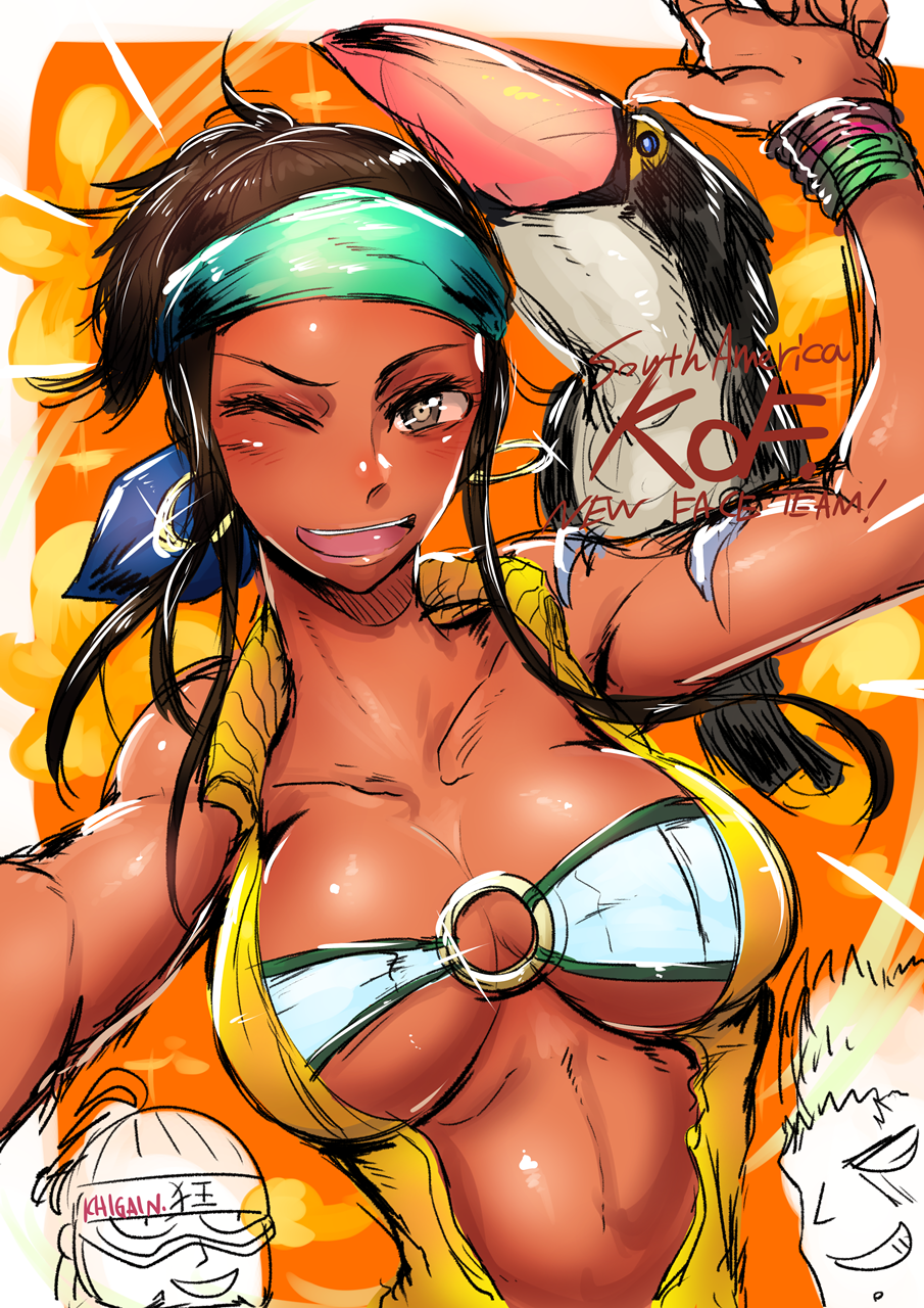 1girl 2boys bandeiras_hattori bird bracelet breasts brown_hair cleavage coco_(kof) dark_skin earrings headband highres hoop_earrings ichigain jewelry large_breasts multiple_boys nelson_(kof) o-ring o-ring_top one_eye_closed open_mouth the_king_of_fighters the_king_of_fighters_xiv toucan wink zarina