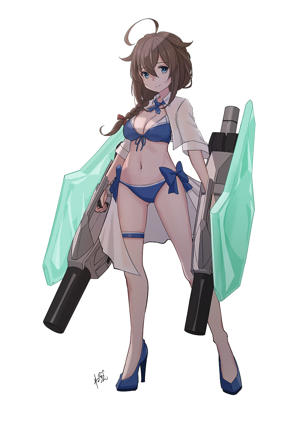 1girl ahoge alternate_footwear bikini blue_bikini blue_eyes blue_footwear braid breasts brown_hat front-tie_bikini_top front-tie_top full_body hair_between_eyes hair_flaps hair_over_shoulder hat high_heels highres kantai_collection medium_breasts navel neve_(morris-minicooper) official_alternate_costume open_clothes open_shirt shigure_(kancolle) shigure_kai_san_(kancolle) shigure_kai_san_(swimsuit)_(kancolle) side-tie_bikini_bottom single_braid smile solo standing swimsuit