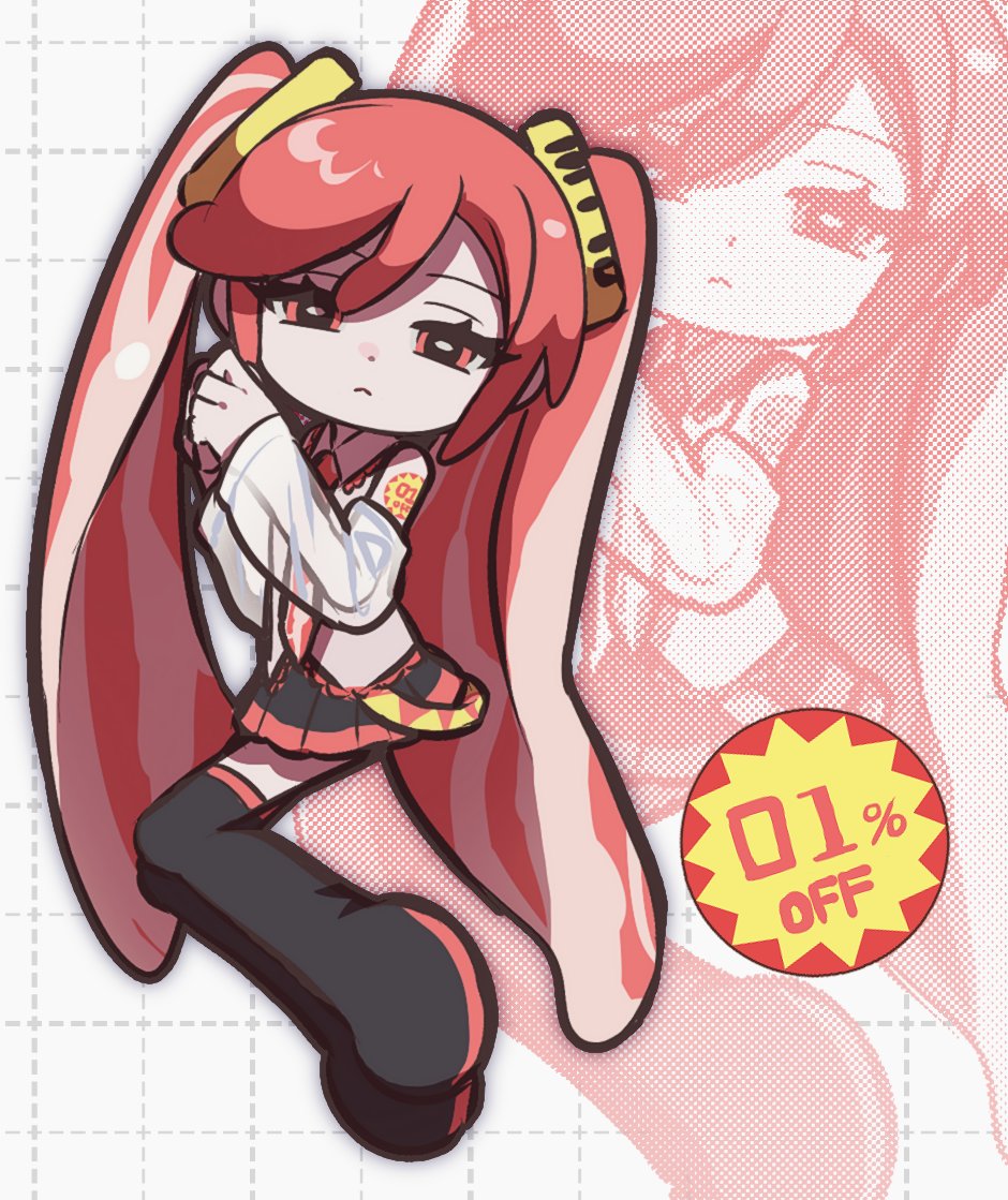 1girl boots chibi collared_shirt detached_sleeves food-themed_hair full_body half-closed_eyes hatsune_miku jjjjtaaaku long_hair looking_at_viewer necktie niku_miku_(nankai) red_eyes red_hair see-through_clothes see-through_sleeves shirt solo thigh_boots twintails very_long_hair vocaloid zoom_layer