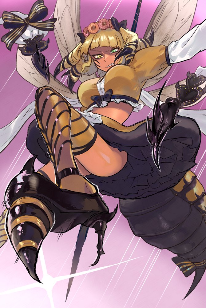 1girl aji0432 arthropod_girl arthropod_tail bee_girl bee_wings black_bow black_shoes black_skirt blonde_hair blunt_bangs bow clenched_teeth cropped_shirt facial_mark final_fantasy final_fantasy_xiv flower foot_out_of_frame from_below frown green_eyes hair_bow hair_flower hair_ornament heterochromia high_heels honey_b._lovely insect_girl insect_wings medium_hair multicolored_hair shirt shoes skirt solo stiletto_heels stinger striped_bow tail teeth thighhighs two-tone_hair wings yellow_eyes yellow_shirt yellow_thighhighs