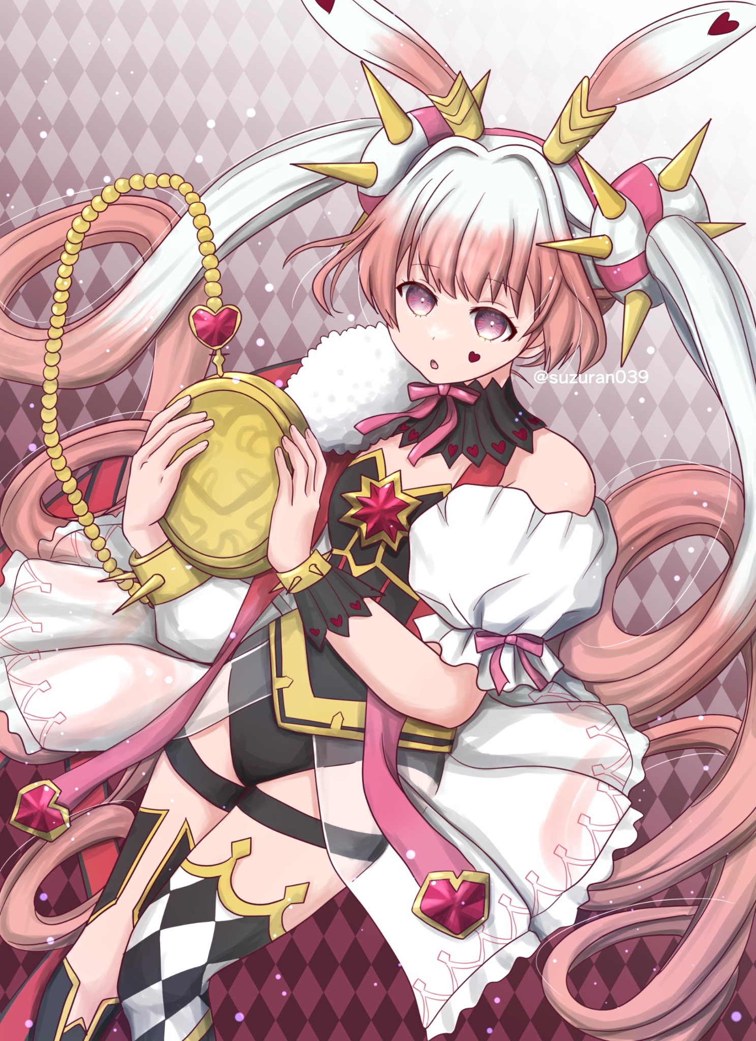 1girl animal_ears asymmetrical_clothes asymmetrical_legwear black_leotard breasts checkered_background checkered_clothes checkered_legwear duel_monster hair_bun hair_ornament heart heart_tattoo highres holding holding_pocket_watch leotard long_hair looking_at_viewer maliss_<p>_white_rabbit medium_breasts multicolored_hair open_mouth pink_eyes pocket_watch rabbit_ears rabbit_girl solo spiked_wristband suzuran039 tattoo thigh_strap twintails twitter_username two-tone_hair very_long_hair watch yu-gi-oh!