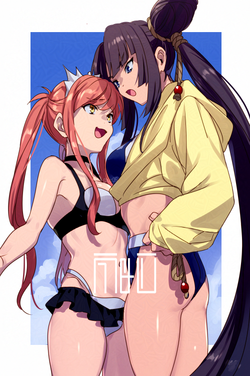 2girls ass bare_shoulders bikini black_bikini black_hair blue_bikini blue_eyes blush breasts echo_(circa) fate/grand_order fate_(series) hair_bun jacket long_hair long_sleeves medb_(fate) medb_(swimsuit_saber)_(fate) medb_(swimsuit_saber)_(second_ascension)_(fate) medium_breasts multicolored_bikini multiple_girls navel open_mouth parted_bangs pink_hair side_ponytail sidelocks single_side_bun smile swimsuit thighs tiara twintails two-tone_bikini ushiwakamaru_(fate) ushiwakamaru_(fate/grand_order) ushiwakamaru_(swimsuit_assassin)_(fate) ushiwakamaru_(swimsuit_assassin)_(first_ascension)_(fate) very_long_hair white_bikini yellow_eyes yellow_jacket