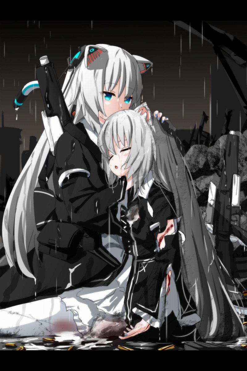 2girls :o android animal_ear_fluff animal_ears assault_rifle belt_pouch black_coat black_dress black_jacket black_necktie blood blood_from_mouth blood_on_clothes blood_on_face blue_eyes blue_nails bruise bullet cable cat_ears cat_girl cat_tail closed_eyes coat collared_dress crying cuts damaged death destruction dirty dirty_clothes dirty_face dress earpiece frilled_dress frilled_sleeves frills grey_hair gun hair_between_eyes hand_on_another&#039;s_head handgun highres hug injury jacket letterboxed long_hair long_sleeves looking_at_another masscat_(vrchat) mechanical_ears mechanical_tail multiple_girls nail_polish necktie night open_clothes open_mouth outdoors overcast pantyhose parted_lips pouch rain rifle robot_ears rubble ruins scratches shell_casing sidelocks sitting sky sleeping suzuki-shi tail torn_clothes torn_dress torn_jacket very_long_hair vrchat weapon weapon_on_back wet wet_clothes white_dress white_hair white_pantyhose wide_sleeves
