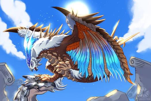 ancient_ruins capcom claws cloudscape columns creature day dragon fanart_digital fantasy feathered_wings feathers glowing_horns horns hovering looking_down midair monster_hunter_(series) no_humans open_mouth outdoors sky source sun toridcless wings