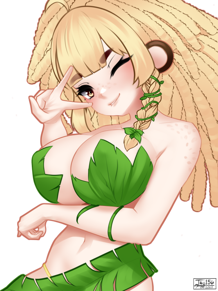 1girl ;) ahoge animal_ears arm_under_breasts artist_name bananajuju bare_arms bare_shoulders blonde_hair blunt_bangs body_freckles braid breasts brown_eyes commentary dated dreadlocks freckles hair_vines indie_virtual_youtuber jay156 large_breasts leaf_bikini leaf_skirt long_hair looking_at_viewer monkey_ears monkey_girl navel one_eye_closed parted_lips side_braid simple_background single_braid smile solo upper_body v v_over_eye virtual_youtuber white_background